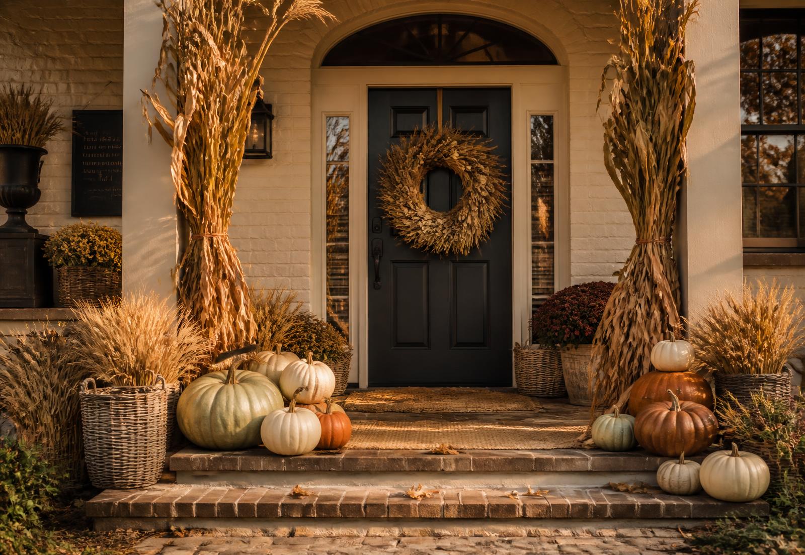 Front porch styled by Porch Deco with a dried wreath, corn stalk bundles, woven baskets and clustered heirloom pumpkins in cream, green and rust